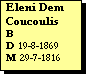 Text Box: Eleni Dem Coucoulis
B 
D 19-8-1869
M 29-7-1816
