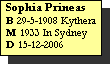 Text Box: Sophia Prineas
B 29-5-1908 Kythera
M 1933 In Sydney
D 15-12-2006
